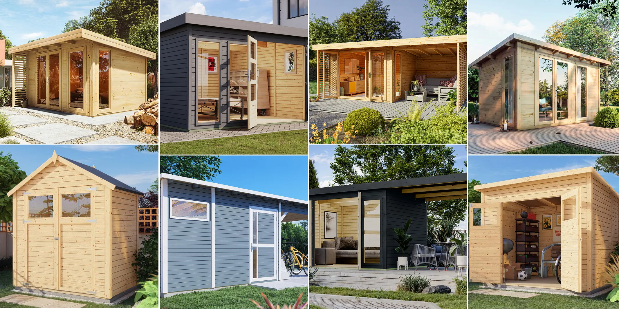 Collage moderner Gartenhäuser aus Holz in verschiedenen Stilen und Größen.