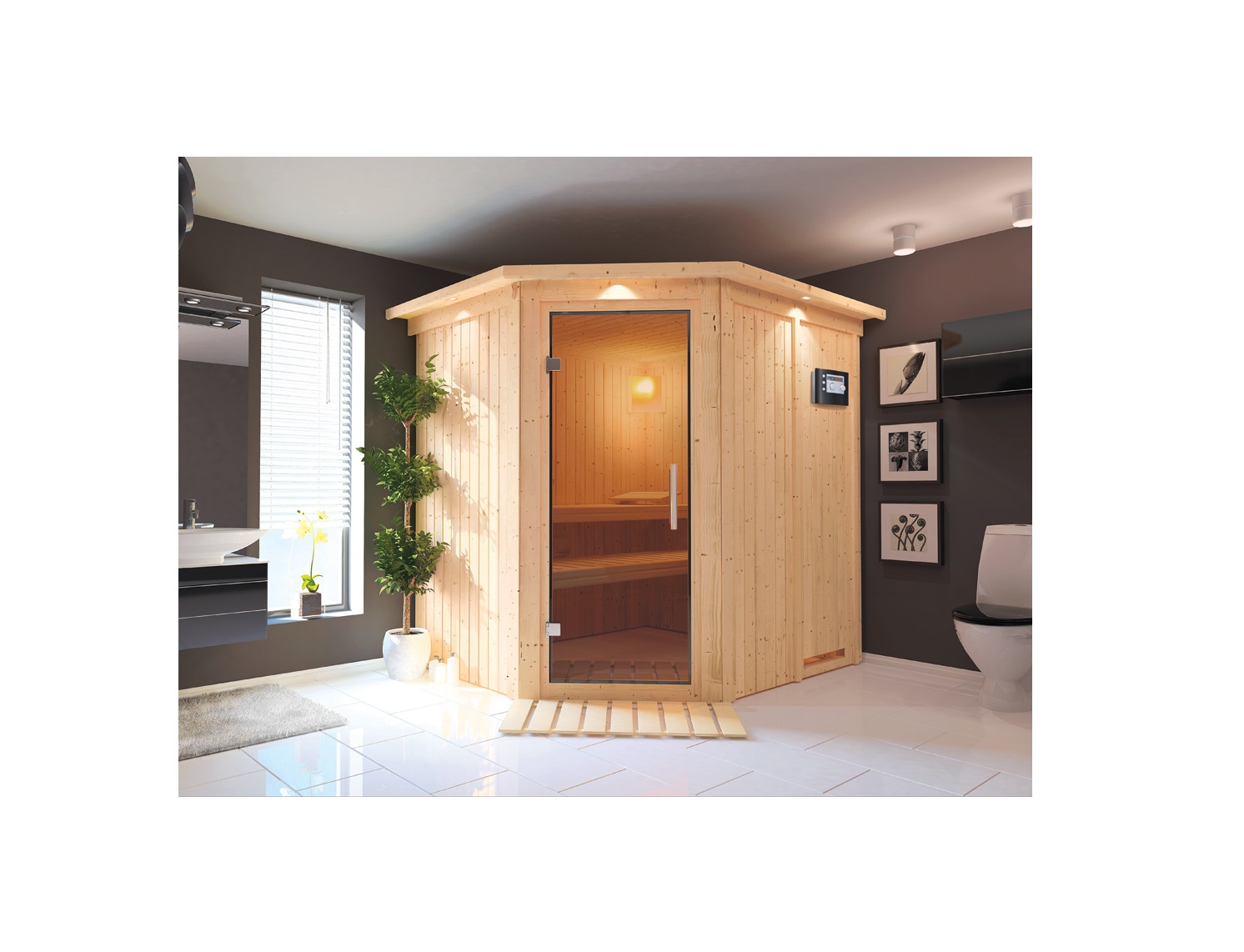 Innenarchitektur, Ecke, Holzpaneele, Tür, Pflanze