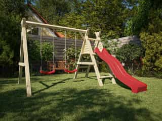 Doppelschaukel mit Podest KDI inkl. Rutsche rot + 2 Schaukelsitze rot Produktbild #1