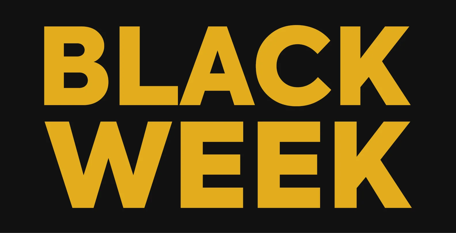 Banner mit dem Text "Schwarze Woche" in fetten Gelb auf Schwarz.